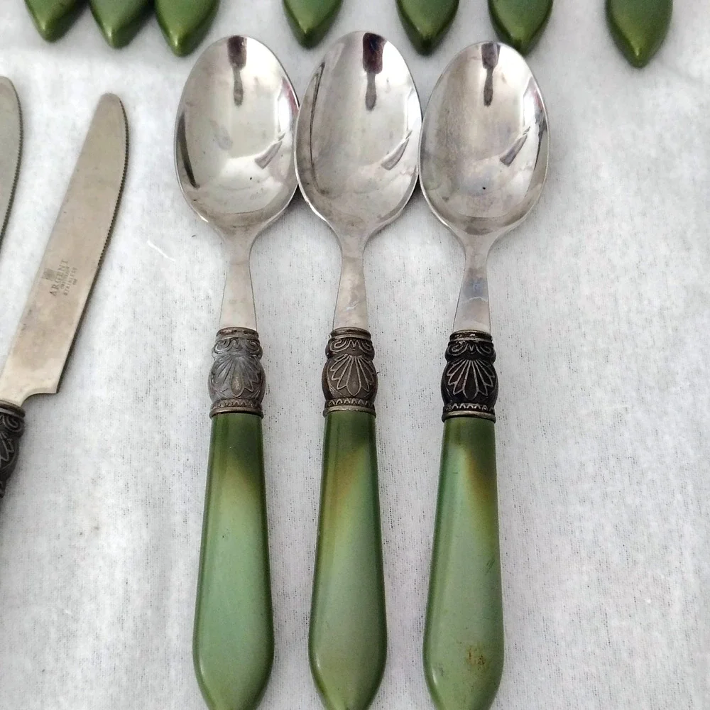 16 Argent Orfevres Green Spoon Fork Knife Sophia Pattern Stainless Steel 188 VTG